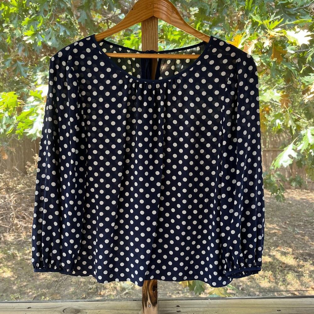 J.Crew Women's Navy & White Polka Dot 100% Silk Blouse Size L